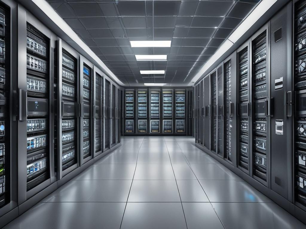 high resolution photorealistic image of a financial data center, featuring