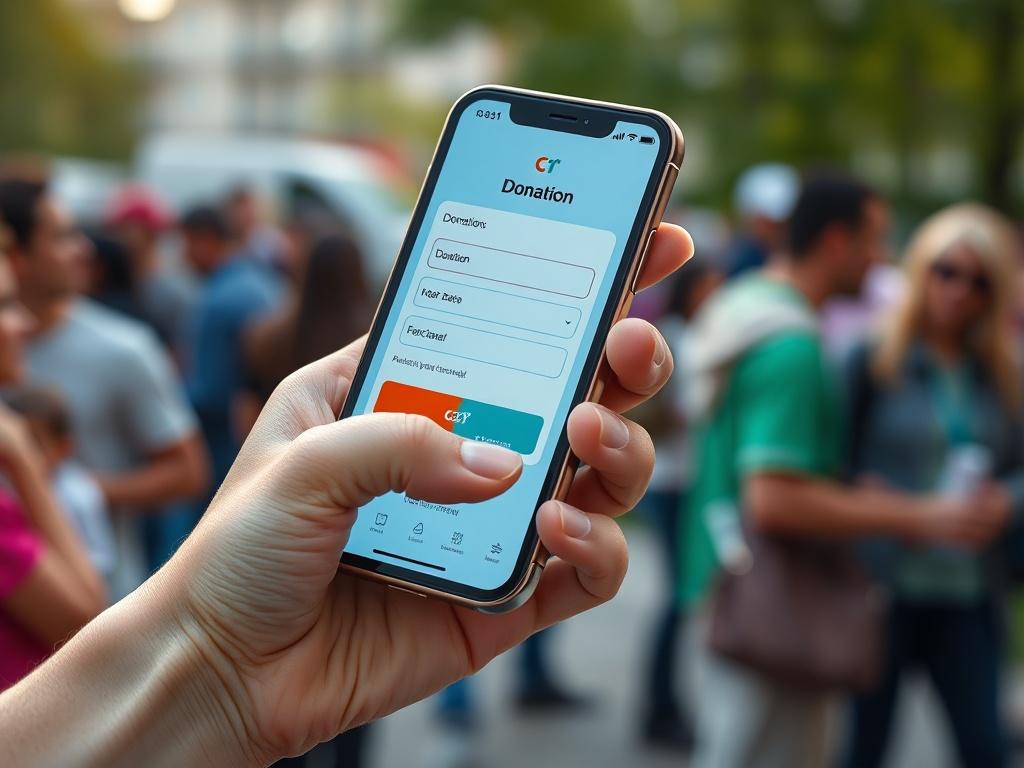 A close-up shot of a hand holding a smartphone displaying a donation app interface, set against a blurred background of a community event. The phone screen shows a clear donation form with vibrant colors. The image is hyper-realistic, emphasizing the connection between technology and charitable giving.