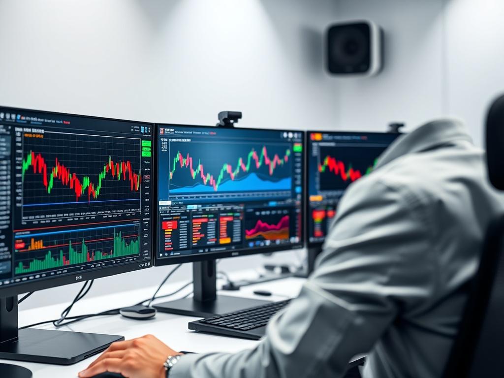 A close up shot of a modern trading setup featuring