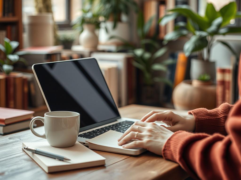 A hyper realistic image of a creative writer typing on