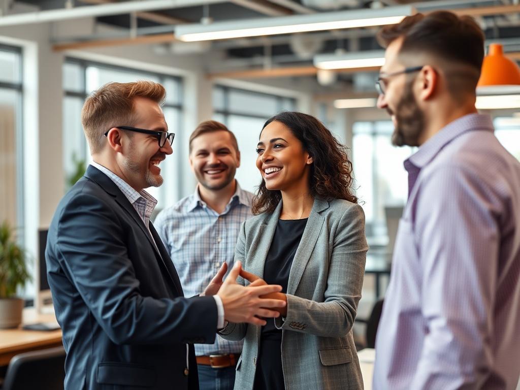 A vibrant shot of a new employee being welcomed by a team in an office environment. The team members are smiling and engaging, creating a friendly atmosphere. The background shows a modern workspace with elements of rgb(255, 114, 8) incorporated in decor. The focus is on the interaction, highlighting teamwork and support.