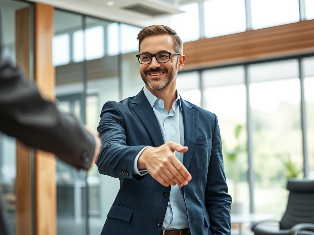 A close-up shot of a professional executive in a modern office environment, confidently shaking hands with another person. The subject is a well-dressed individual, exuding authority and charisma. The background features a contemporary office design with glass and wood accents, softly blurred to emphasize the handshake, symbolizing partnership and leadership.