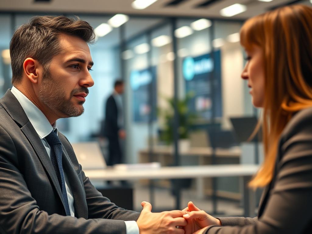 A close-up shot of a professional recruiter in an office setting, engaging with a candidate during an interview. The recruiter is wearing business attire and has a confident expression, while the candidate appears attentive and interested. The background features a modern office with subtle branding elements, ensuring the focus remains on the interaction. The image is rendered in hyper-realistic quality, with a warm color palette dominated by rgb(255, 114, 8). The shot is taken with a 45mm f/1.2 lens to cre