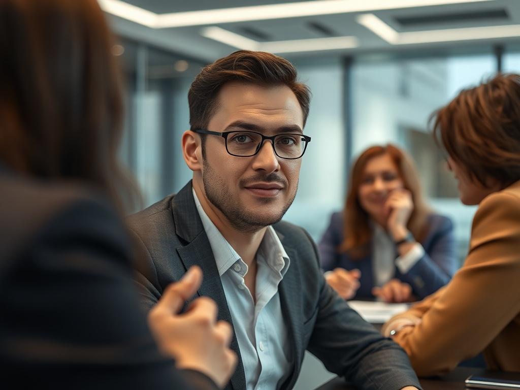 A close-up shot of a confident executive candidate in a professional setting, engaging in a discussion with a panel of interviewers. The candidate exudes charisma and professionalism, while the interviewers appear engaged and thoughtful. The background features a sleek conference room with contemporary design elements, ensuring the focus remains on the candidate. The image is rendered in hyper-realistic quality with a warm color tone, emphasizing rgb(255, 114, 8), captured with a 45mm f/1.2 lens.