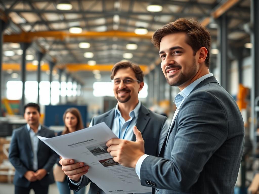 A confident real estate agent presenting an industrial property listing