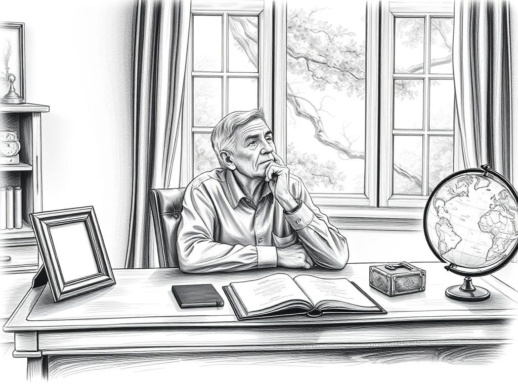 Create a high-quality illustration showcasing the concept of legacy planning. The composition should feature a single, prominent subject: a thoughtful older individual sitting at a beautifully crafted wooden desk, deep in reflection. The person's expression should convey a sense of wisdom and contemplation. 

Surrounding the individual should be carefully arranged items symbolizing legacy, such as a family photo frame, a leather-bound journal opened to a blank page, and an antique globe to represent the far