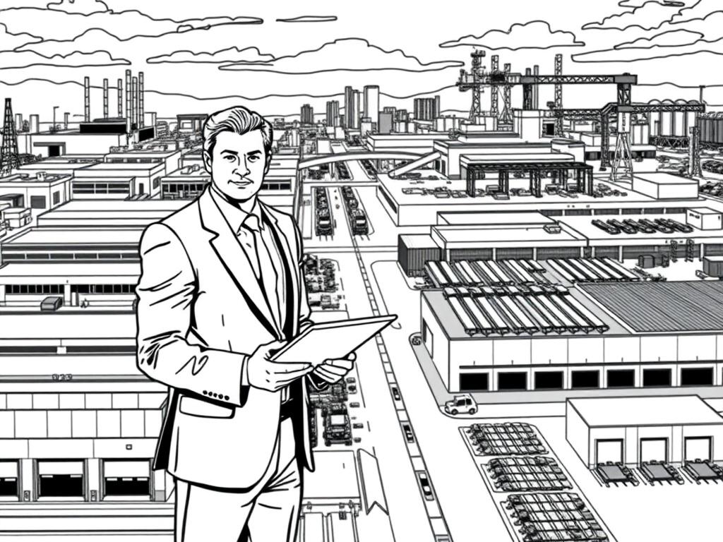 Create a high-quality illustration depicting a single, well-dressed real estate broker confidently navigating an industrial real estate market. The broker should be positioned in the foreground, holding a digital tablet in one hand, with a focused expression on their face, symbolizing expertise and engagement in the complexities of industrial real estate transactions. 

In the background, illustrate a sprawling industrial landscape featuring various warehouses, factories, and a logistic hub to emphasize the