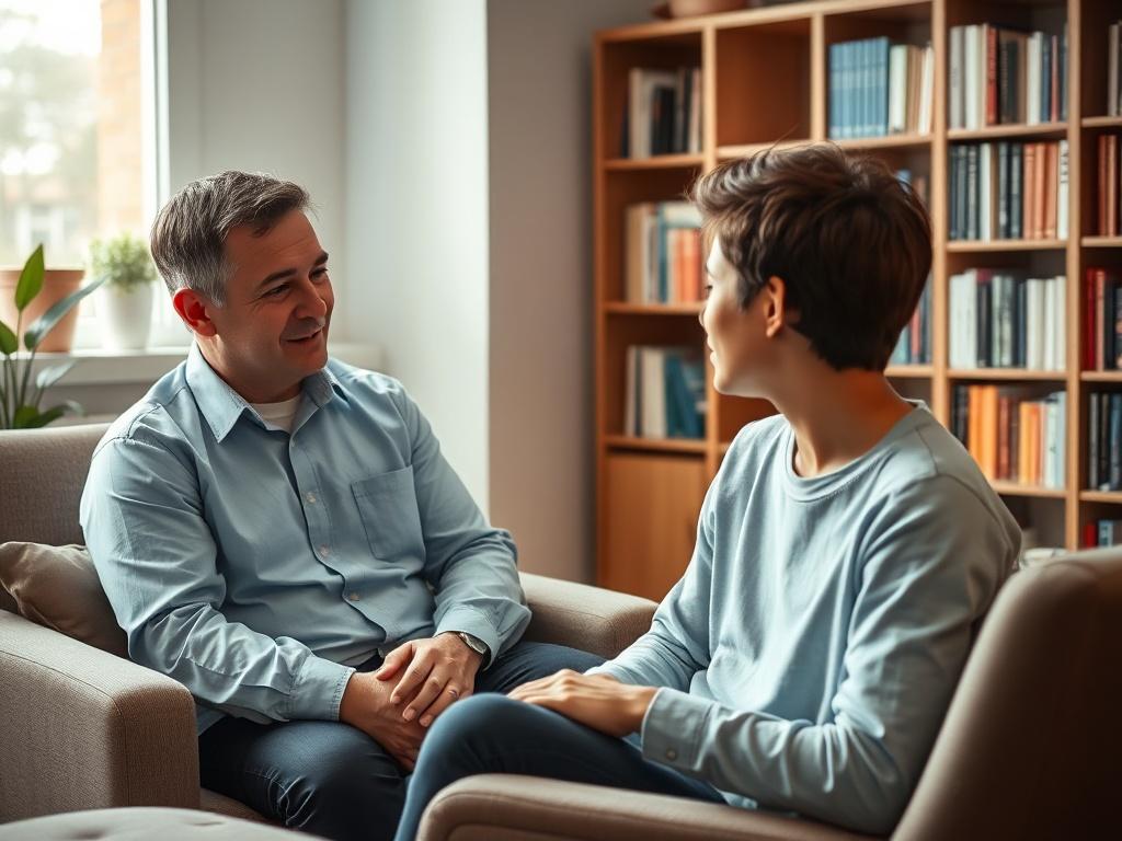 A therapist sitting in a comfortable, inviting office space, engaging with a client in a supportive manner. The therapist is a middle-aged male with short, dark hair, wearing a light blue shirt. The client is a young adult, sitting across from the therapist, looking attentive and open. Soft, neutral-toned furnishings create a calming environment, with a gentle light filtering through a window, illuminating the scene. A bookshelf filled with books on mental health and wellness is visible in the background, a