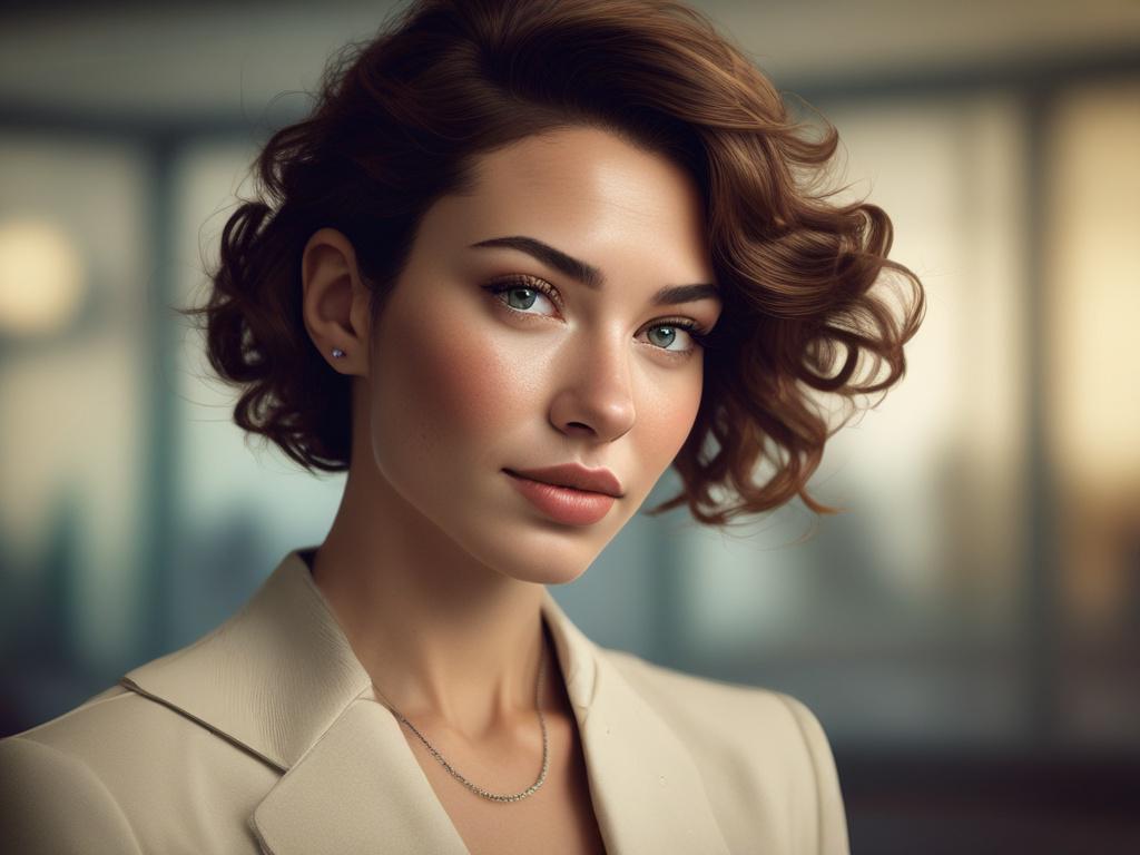 A hyper realistic close up shot of an elegant woman