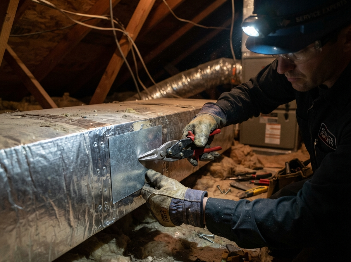 Technician fabricating and repairing sheet-metal ductwork