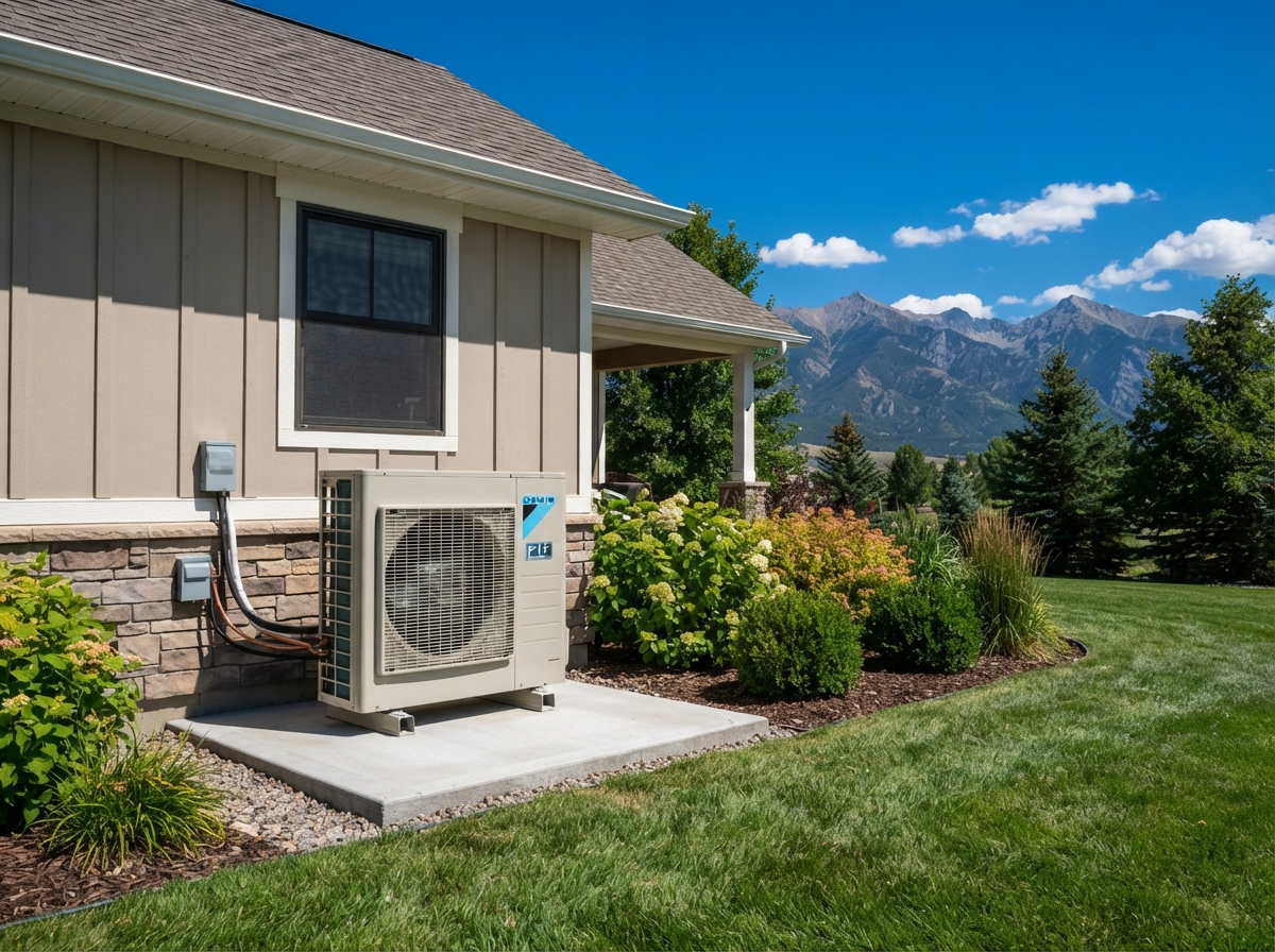 Cold-climate heat pump condenser installed beside a Flathead Valley home