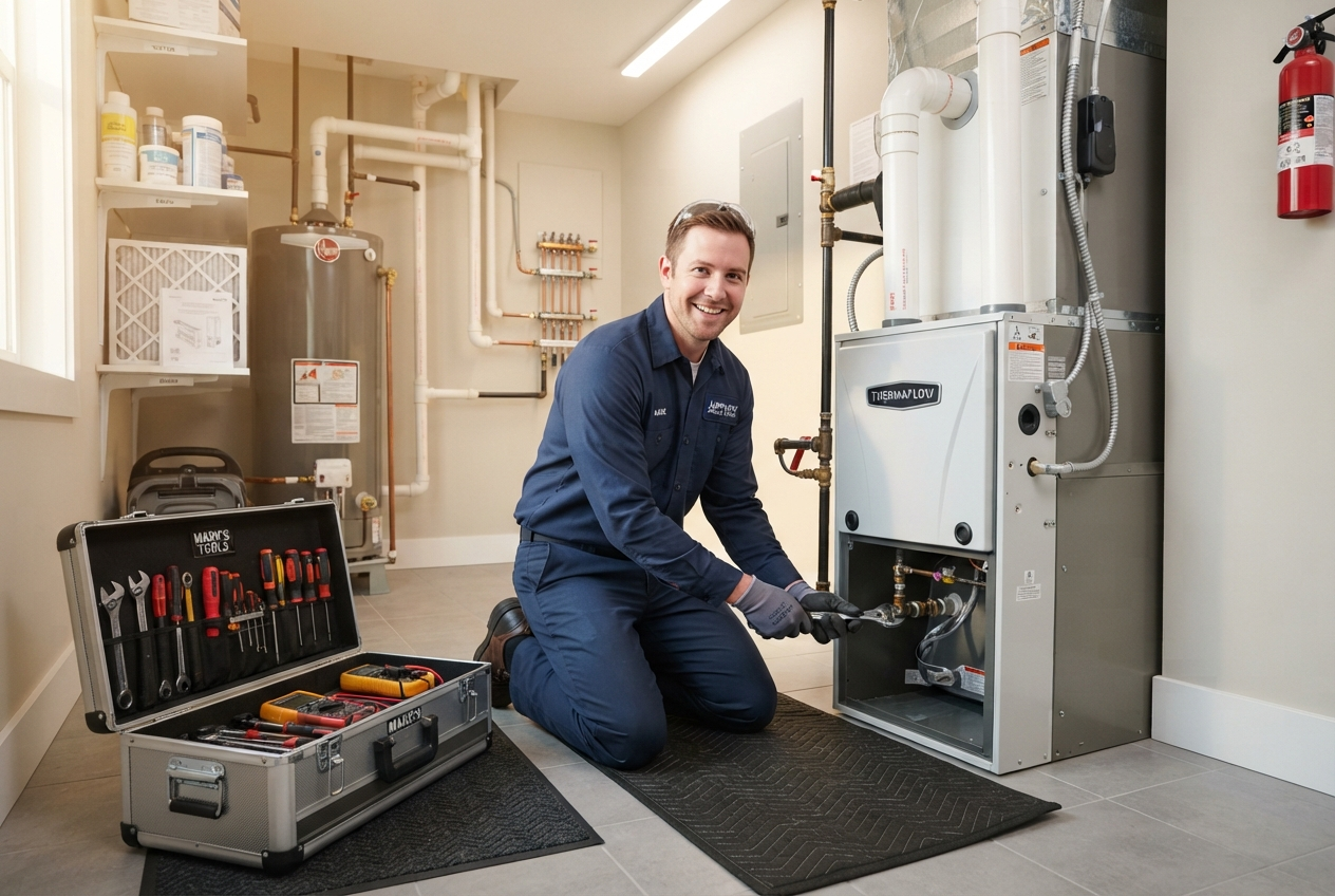 Thermal Solutions technician installing a high-efficiency furnace in a Montana home