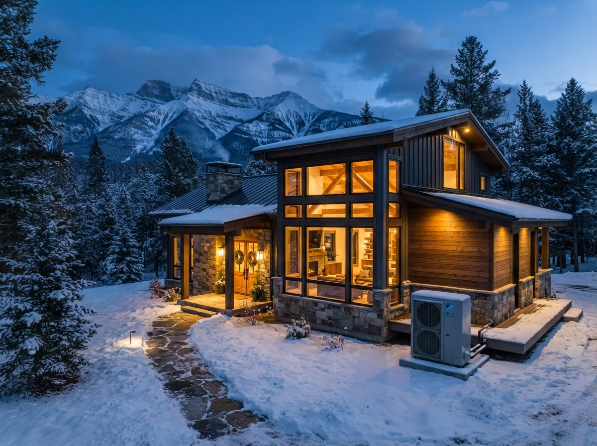 Montana mountain home at dusk with a heat pump installed beside it and snow-dusted peaks in the background