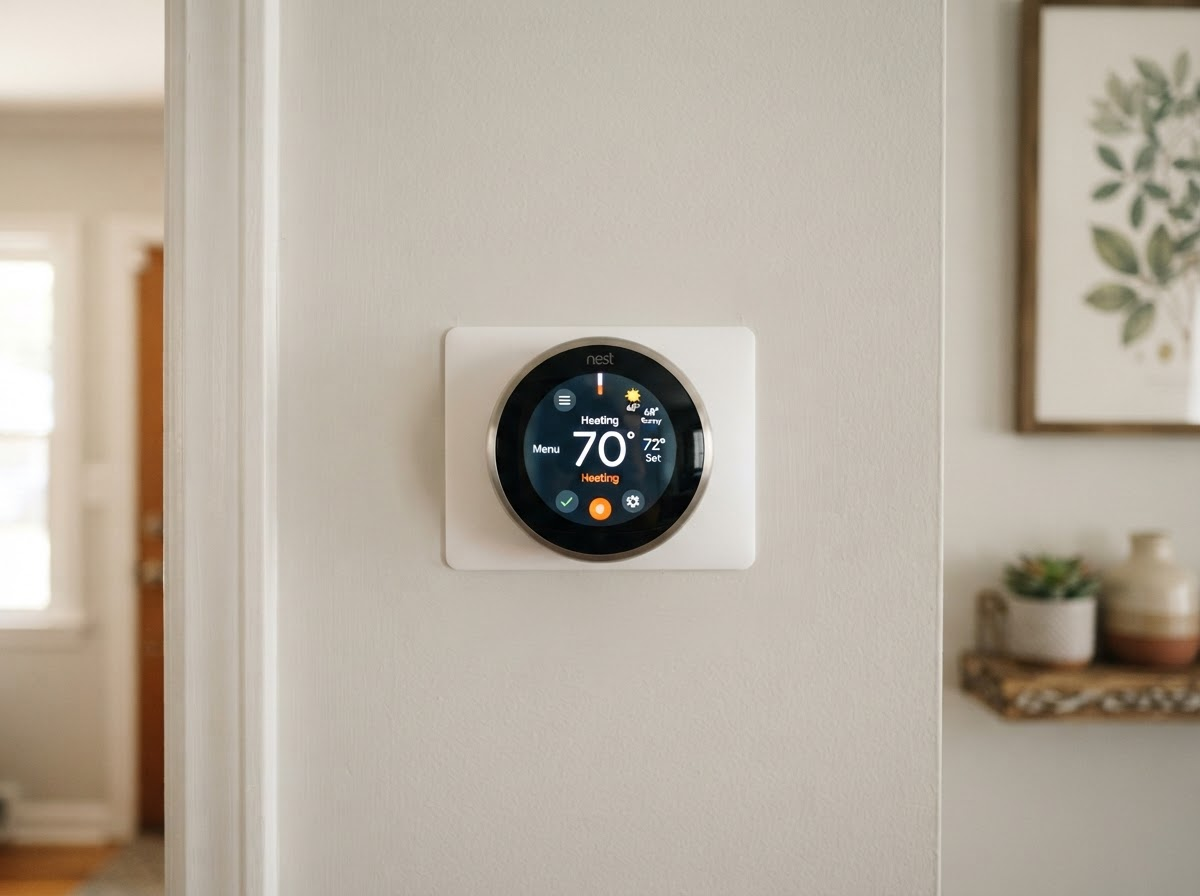 Smart thermostat installed on a living room wall