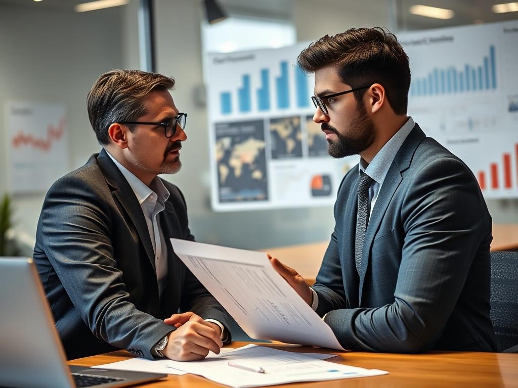 A focused shot of a business consultant presenting financial solutions to an entrepreneur in a modern office setting. The background should depict financial charts and documents, emphasizing a professional atmosphere.