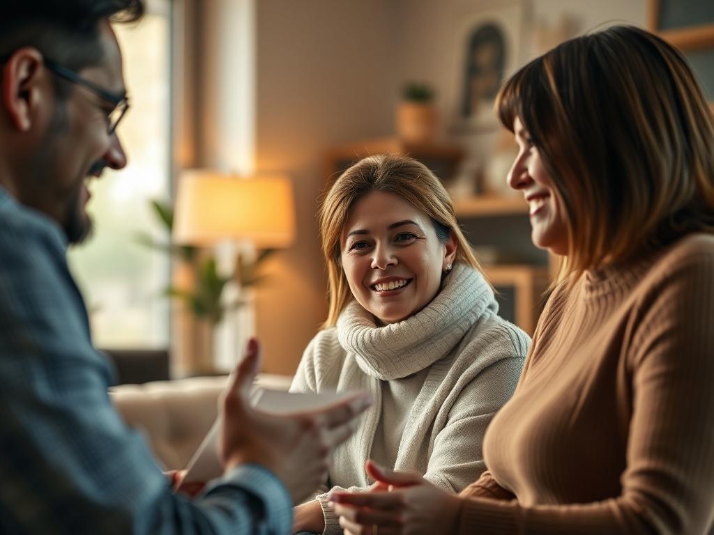 A close-up shot of a smiling mortgage broker discussing options with a couple in a cozy, well-lit office environment. The background should be softly blurred to emphasize the interaction, with warm colors reflecting a welcoming atmosphere.