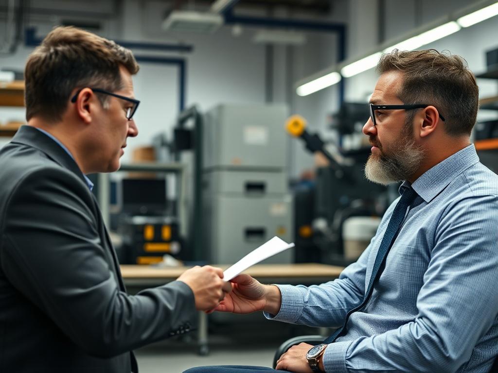 A detailed close-up of a financial advisor discussing asset financing options with a business owner in an office filled with equipment. The environment should convey professionalism and clarity.