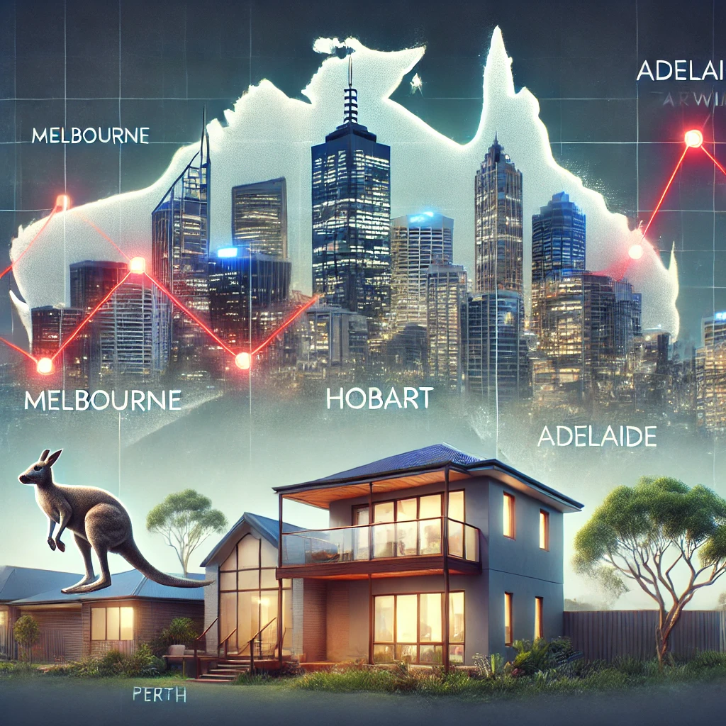 dall·e 2024-08-18 19.06.50 - a realistic image depicting the australian property market trends. the image should include a graph showing falling home values in melbourne, hobart, .webp