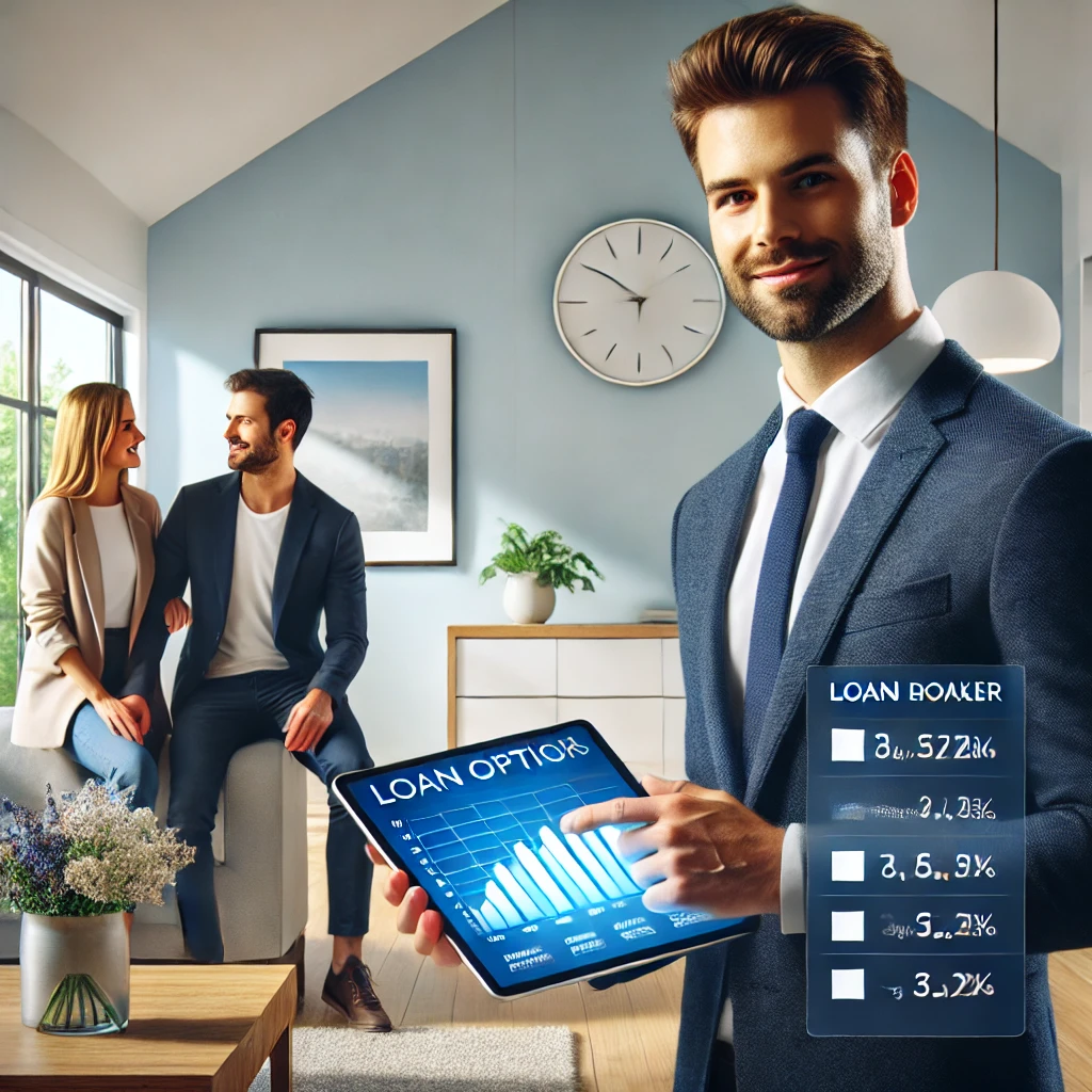 dall·e 2024-12-06 10.04.33 - a professional and modern illustration of a confident mortgage broker discussing loan options with a couple in a welcoming office environment. the bro.webp