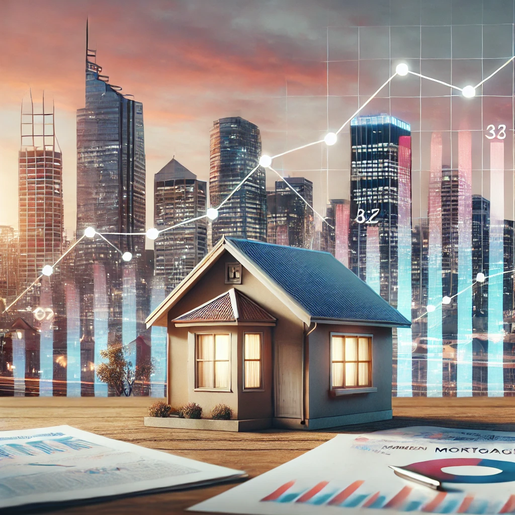 dall·e 2025-01-29 15.08.02 - a realistic image of a modern australian city skyline at sunset, with financial graphs subtly overlaying the buildings. the foreground features a hous.webp