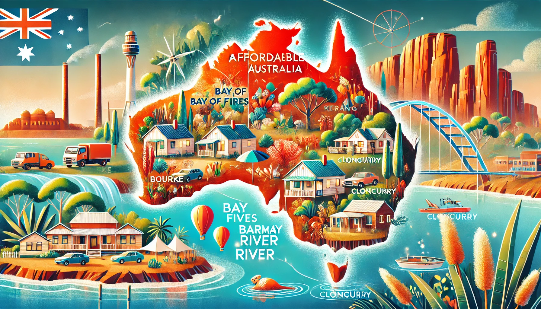 dall·e 2024-12-24 12.16.14 - a visually engaging and vibrant illustration of australia's diverse affordable living spots, featuring landmarks like the bay of fires, the murray riv.webp