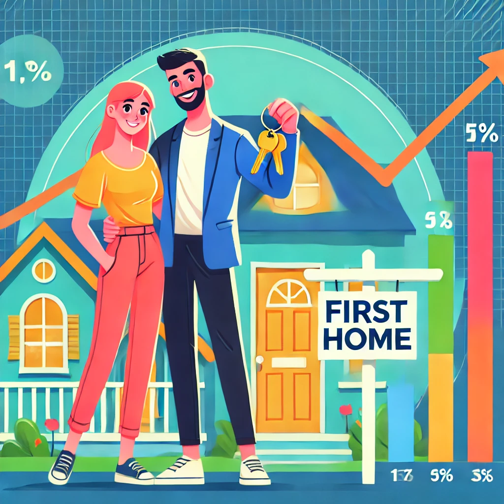 dall·e 2024-08-28 20.46.05 - a vibrant illustration showing a first-time homebuyer couple happily standing in front of a modest yet charming house, holding keys and a small sign t.webp