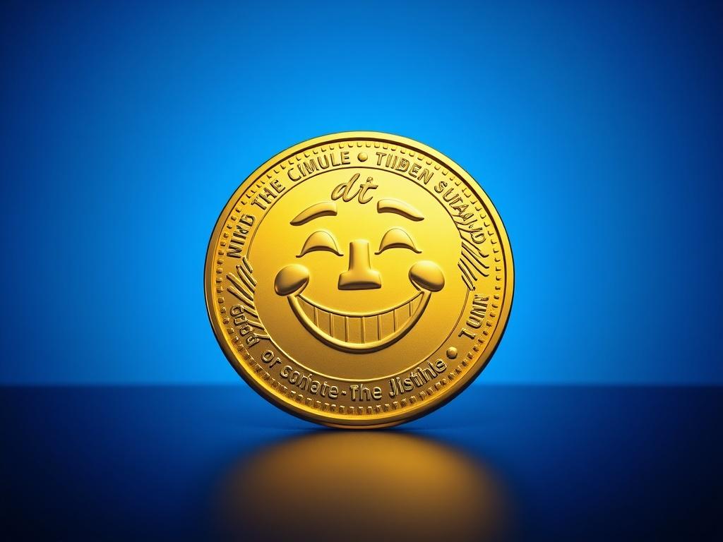 A vibrant golden coin with a smiling face, dramatically illuminated