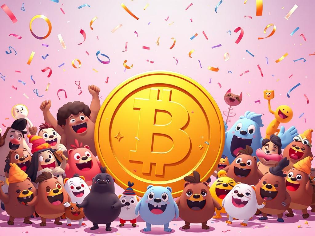 A lively gathering of animated characters celebrating around a giant