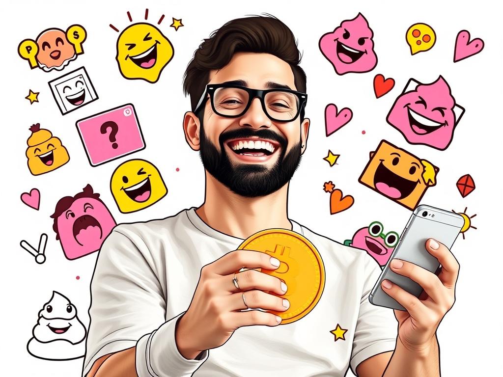 A person happily sharing their PoopCoin experience on social media,