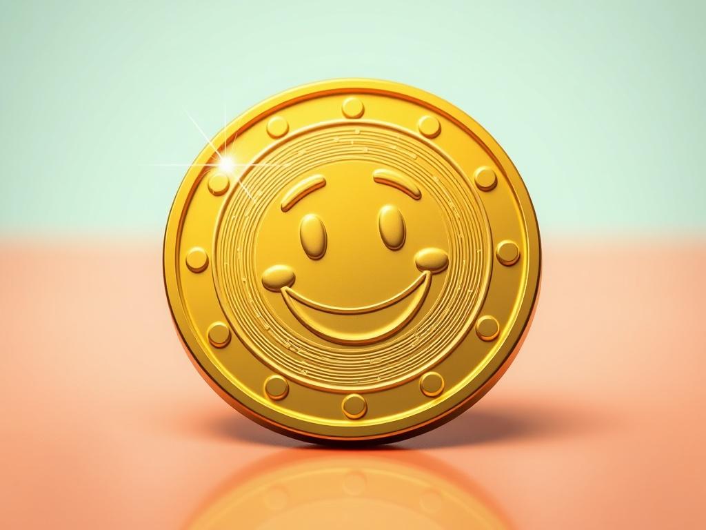 A vibrant golden coin with a playful design, featuring a