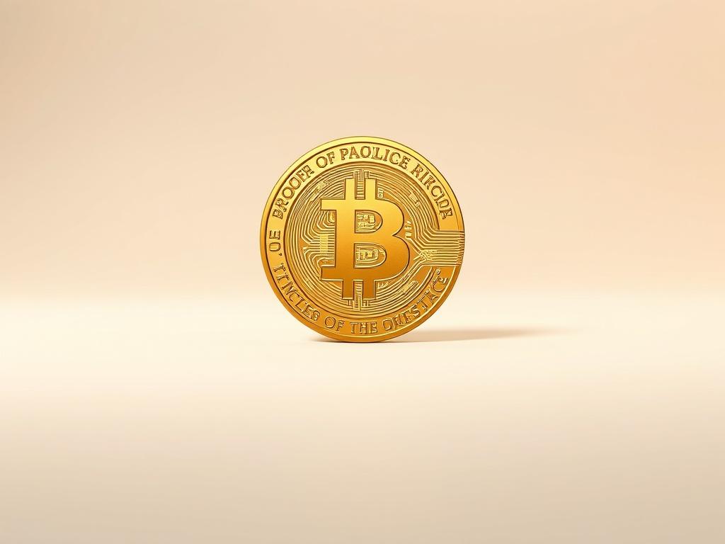 Create a realistic high-resolution photo illustrating a whimsical yet informative representation of Proof-of-Poop technology. The composition should feature a single golden coin, symbolizing the essence of the PoopCoin. The coin should be detailed with intricate designs to convey a sense of uniqueness and innovation. Place the coin in the center of the image against a clean, minimalistic backdrop that is a soft gradient of white to light beige, providing a calm and unobtrusive context.

Ensure that the ligh