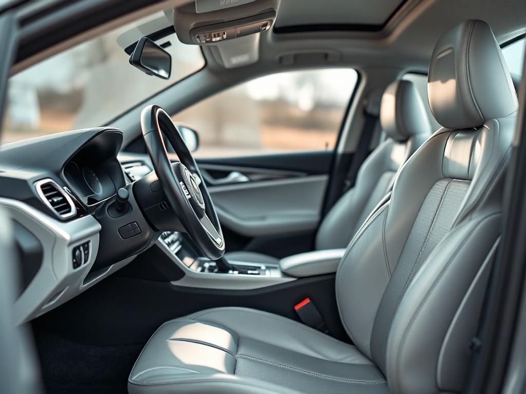 A close-up shot of a pristine, detailed car interior showing the seats, dashboard, and steering wheel, all gleaming and spotless. The background should be a soft-focus, highlighting the cleanliness and shine of the interior elements, captured with a 45mm f/1.2 lens to emphasize depth of field.