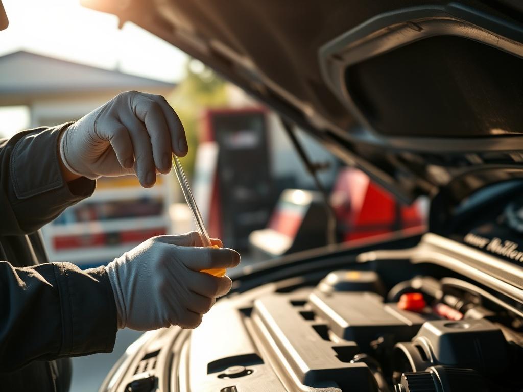 A close up of a mechanic checking the oil level