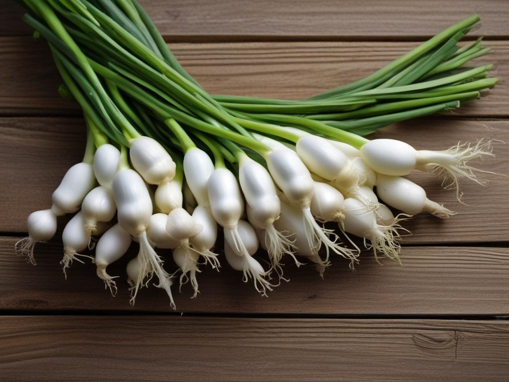 A high-resolution image of a bunch of fresh green onions, showcasing their slender, vibrant stalks and delicate white bulbs. The green onions should be placed against a rustic wooden background, with flecks of moist soil still clinging to the roots. The lighting should be soft and natural, highlighting the freshness and crispness of the green onions, while evoking a sense of earthy warmth.