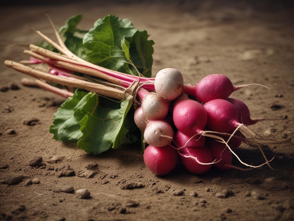 A realistic high-resolution photo of a freshly pulled radish with some soil clinging to it. The radish should be vibrant red and round, showcasing its natural beauty. The background should feature earthy tones, perhaps with a rustic wooden surface or a garden setting, emphasizing the organic and farm-fresh aspect. The overall composition should be simple and clear, focusing solely on the radish as the subject.