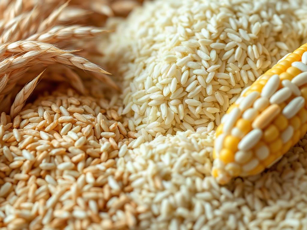 A close-up shot of high-quality grains such as wheat, rice, and corn displayed in a clean and organized manner, emphasizing their freshness and quality. The background should softly blur to keep the focus on the grains, shot with a 45mm f/1.2 lens. The primary color should be rgb(50, 170, 39) to reflect the agricultural theme.