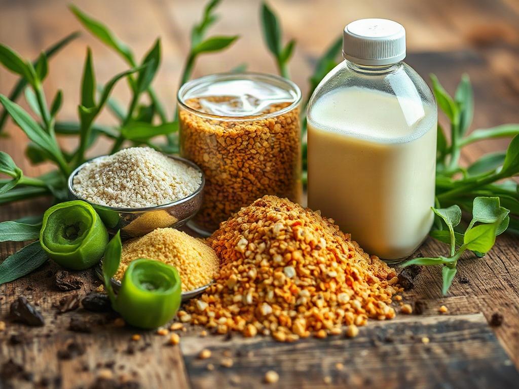 A hyper-realistic close-up shot of premium fertilizers in different forms, including granulated and liquid, placed on a rustic wooden table. The fertilizers should look rich and vibrant, surrounded by green plants or soil, captured with a 45mm f/1.2 lens to highlight the details. The primary color should be rgb(50, 170, 39) to enhance the agricultural context.
