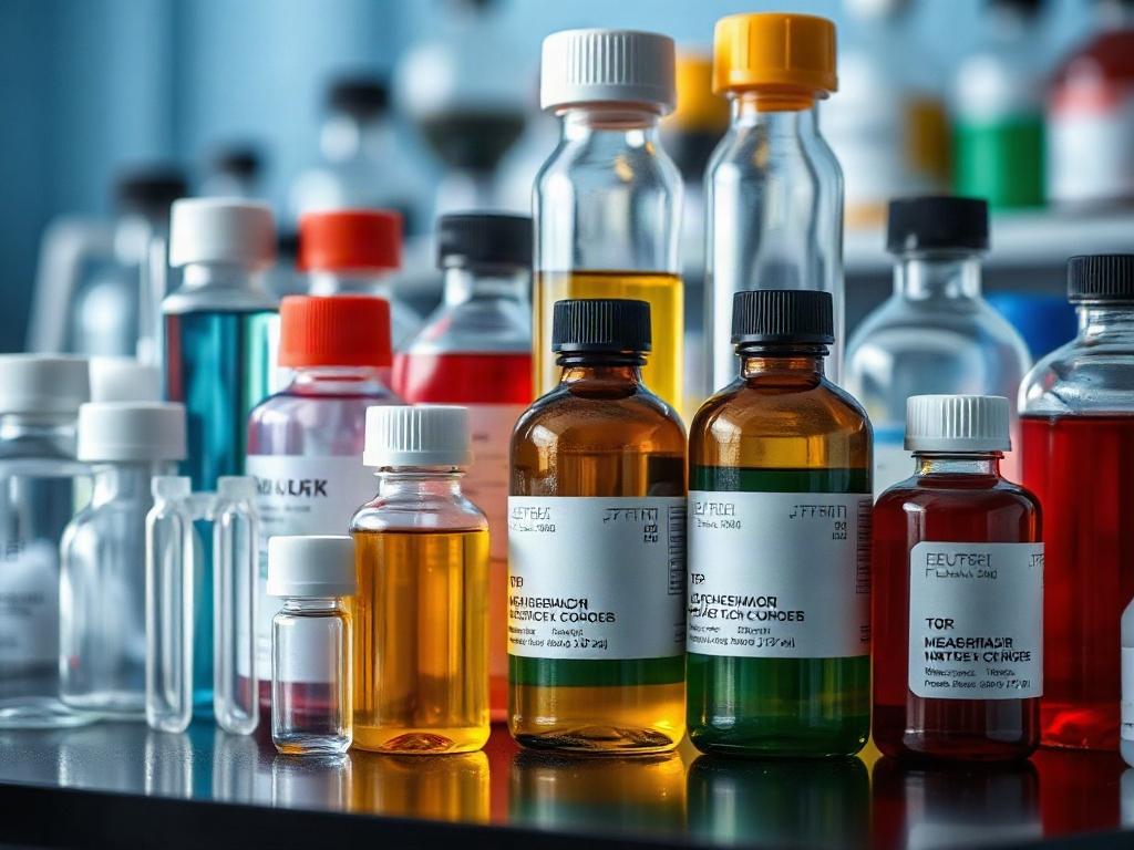 A focused shot of various biochemical supplies including bottles of chemicals and lab equipment neatly arranged on a laboratory bench. The image should capture the precision of the scientific environment, shot with a 45mm f/1.2 lens to emphasize the clarity of the items. The primary color should be rgb(50, 170, 39) to reflect innovation in biochemistry.