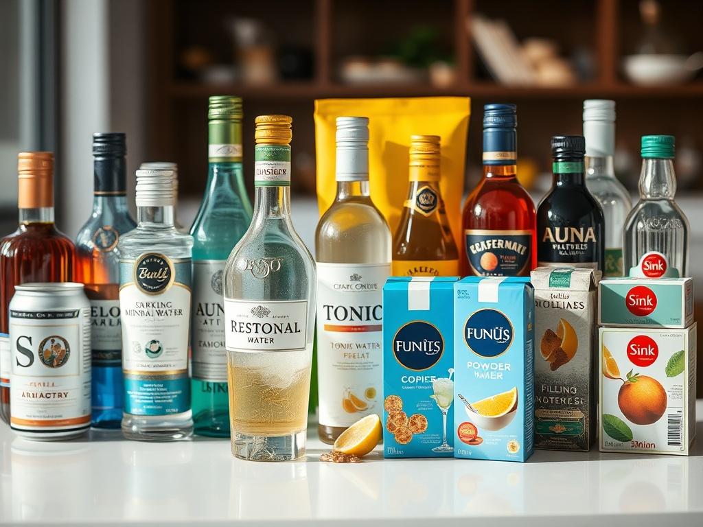 A high-resolution hyper-realistic close-up shot of a diverse array of professional food and beverage products. The composition should include elegantly arranged spirits bottles, tonic water cans, sparkling mineral water, powdered milk packets, and tea boxes, all displayed on a clean white surface. The background should be softly blurred to emphasize the products, with a focus on the vibrant colors and textures of the packaging. The lighting should be bright and natural, highlighting the quality of the produ