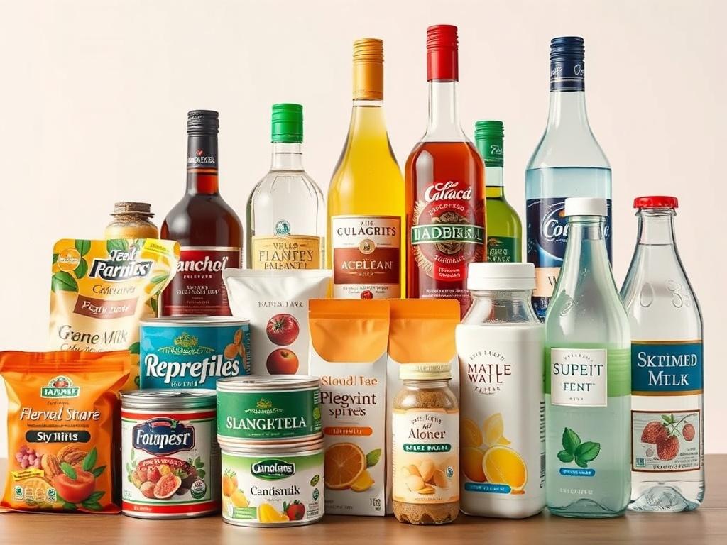 A high-resolution close-up shot of an assortment of food and beverage products, including colorful herbal tea packs, refreshing non-alcoholic drinks, elegant spirits, assorted canned food, powdered milk, skimmed milk, and bottled water with flavored options. The background is simple and clean, emphasizing the vibrant colors and textures of the products, shot with a 45mm f/1.2 lens to create a hyper-realistic effect.