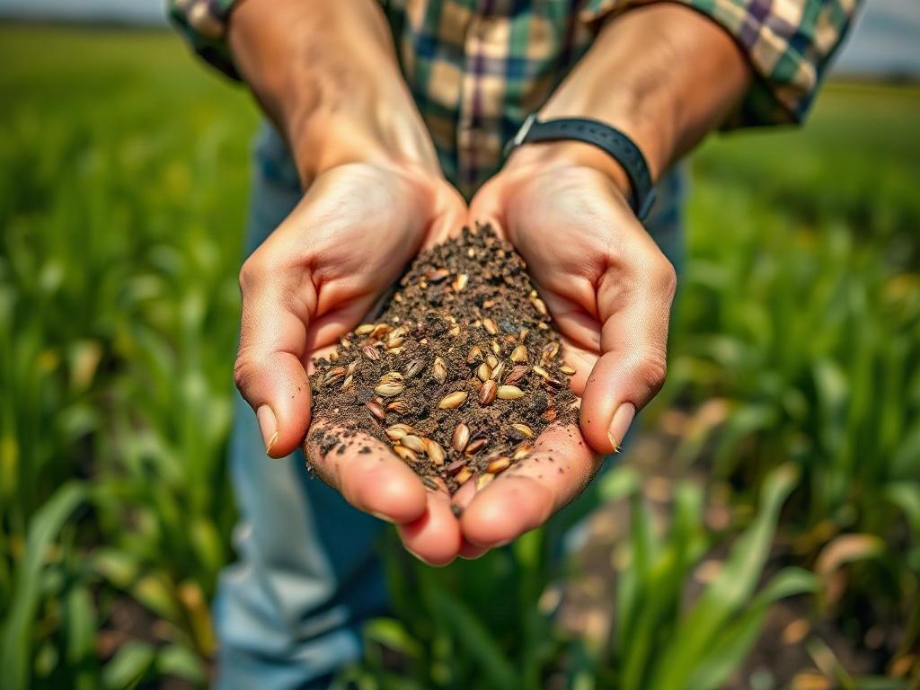 A hyper-realistic close-up shot of a farmer holding a handful of fertile soil, with grains and seeds scattered around. The background features a lush green field under a clear blue sky. The focus is sharp on the farmer's hands, showcasing the rich texture of the soil and the vitality of the grains. Shot with a 45mm f/1.2 lens for a blurred background effect, emphasizing the subject.