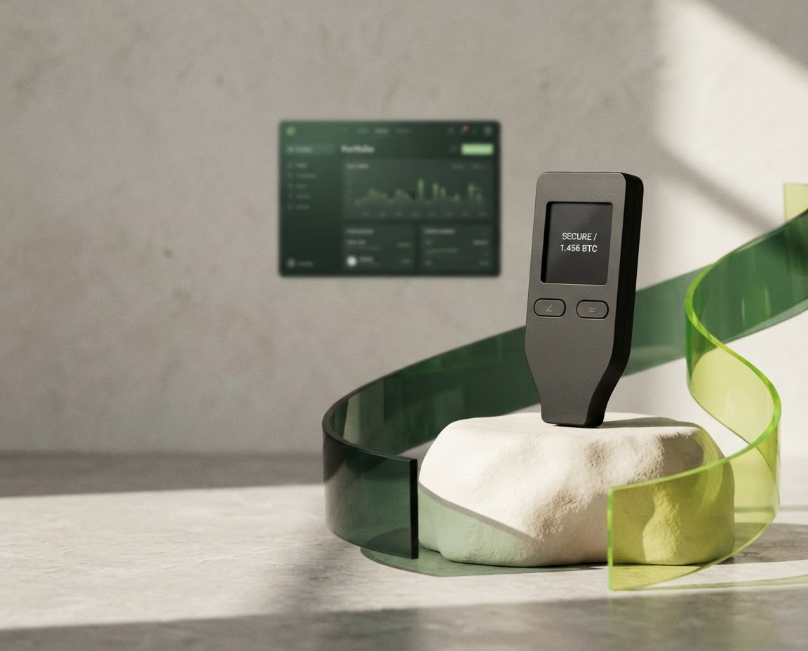A black hardware wallet displayed in a calm, sculptural green and ivory setting