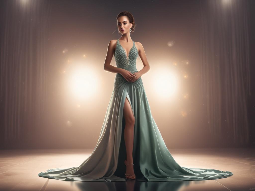A glamorous woman in an exquisite evening gown, elegantly posed