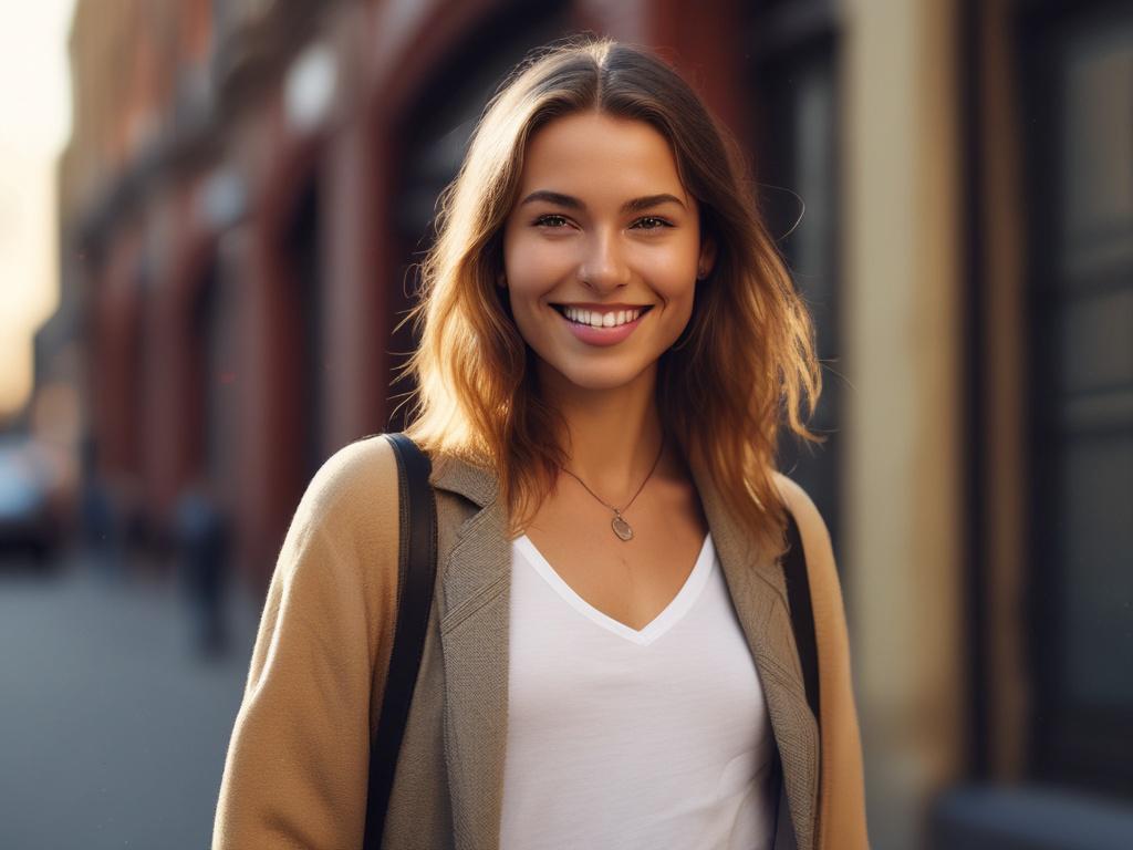 A beautiful young woman in a stylish outfit, smiling playfully,
