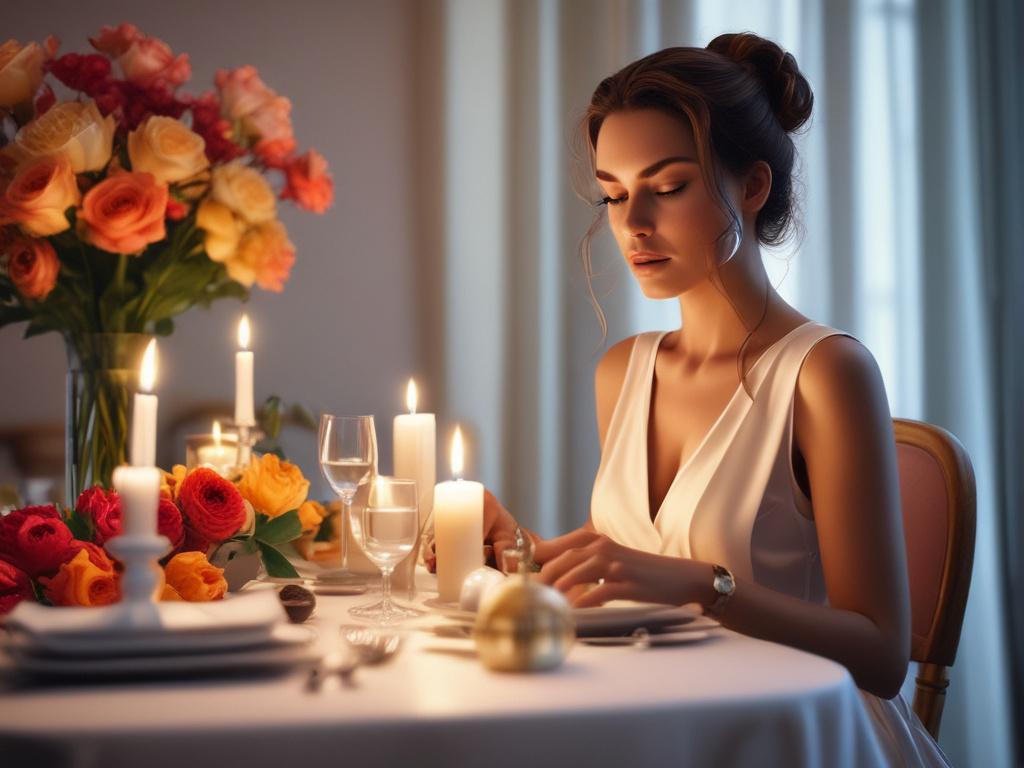 A romantic dinner setting with a beautifully set table adorned