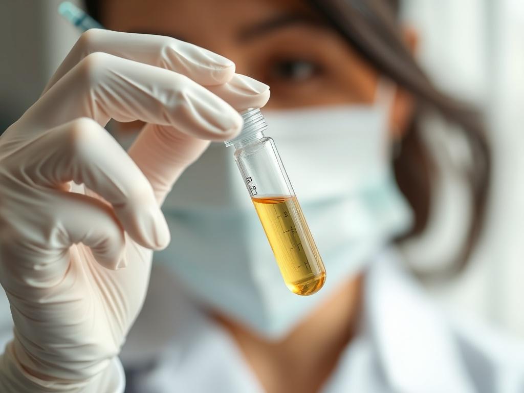 A close-up shot of a serene, professional setting at a cosmetic clinic. A skilled practitioner is preparing a vial of PRP (Platelet-Rich Plasma) for treatment, showcasing the golden liquid in the vial. The background is softly blurred, highlighting the focus on the practitioner and the vial. The overall tone is clean and clinical, with natural light enhancing the scene. The color palette should harmonize with a rich teal (#136A5C) accent.