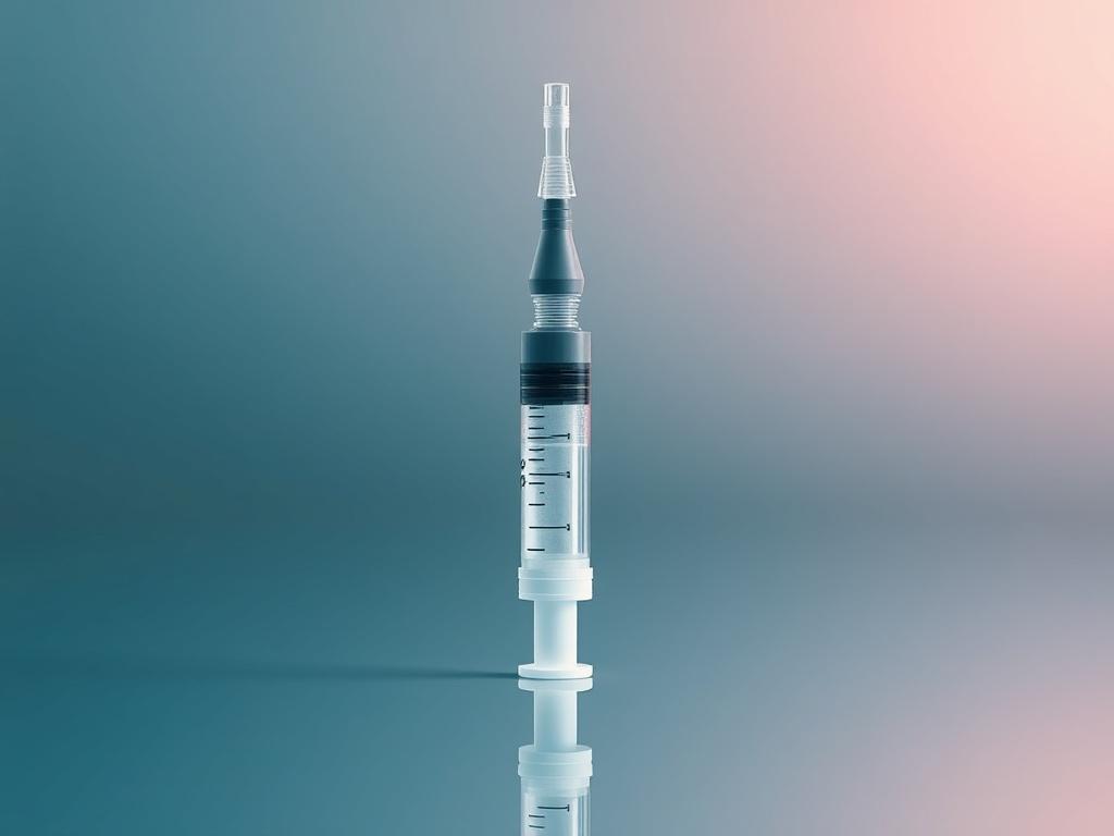 A hyper-realistic close-up shot of a syringe filled with Restylane dermal filler, positioned elegantly on a reflective surface. The background should be softly blurred, emphasizing the clarity of the syringe. The color palette should harmonize with the #136A5C primary color, creating a soothing and professional appearance. The image should capture the essence of beauty and rejuvenation, focusing solely on the syringe as the subject.