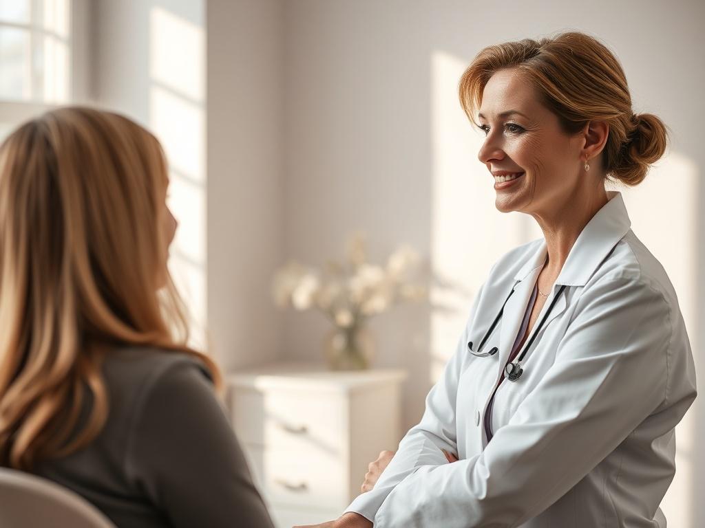 Create a hyper-realistic close-up image of a serene, professional consultation setting featuring a single aesthetic practitioner engaging with a client. The practitioner, a middle-aged woman with a warm smile, is sitting across from the client, who appears relaxed and attentive. The background should be softly blurred, emphasizing a calming atmosphere with natural light filtering in. The color scheme should incorporate the primary color #136A5C, creating a cohesive look that reflects a sophisticated cosmeti