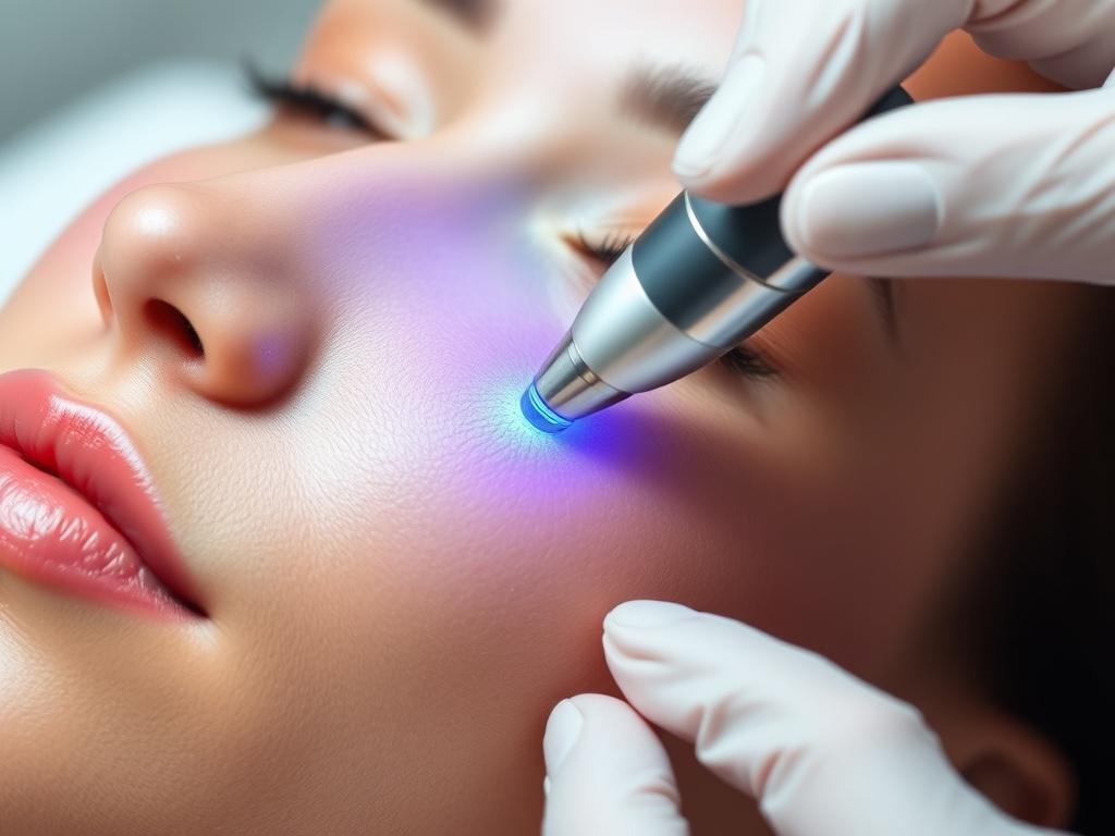 A close-up shot of a woman with glowing, smooth skin undergoing a microneedling treatment with the SkinPen device. The focus is on the SkinPen device in action on her face, highlighting the precision of the microneedling process. The background is softly blurred to emphasize the subject, with a clean, clinical aesthetic that reflects a professional skincare clinic environment. The image should be high-resolution and compatible with a primary color of #136A5C.