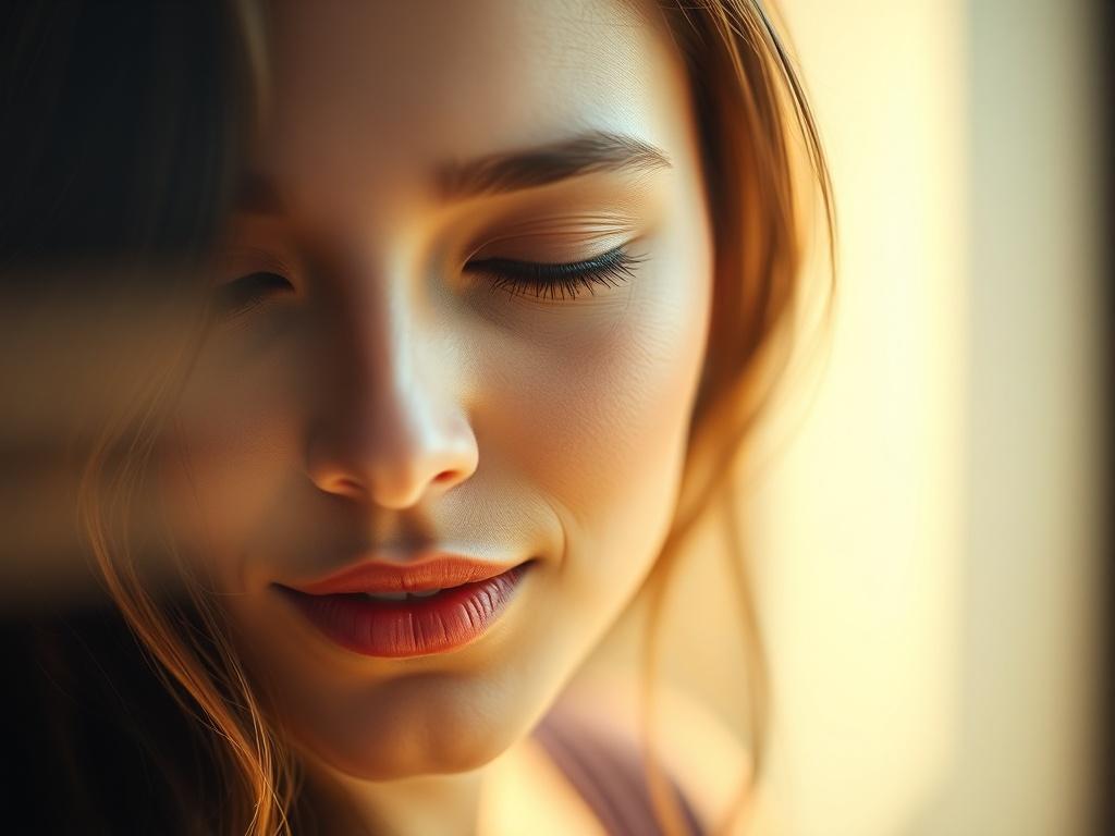 A close-up shot of a serene, confident woman with glowing skin, showcasing natural beauty and radiance. The background is softly blurred, highlighting the subject. The lighting is warm and inviting, with a focus on her facial features, capturing a moment of tranquility. The color scheme should harmonize with the primary color #136A5C, creating a soothing and elegant atmosphere.